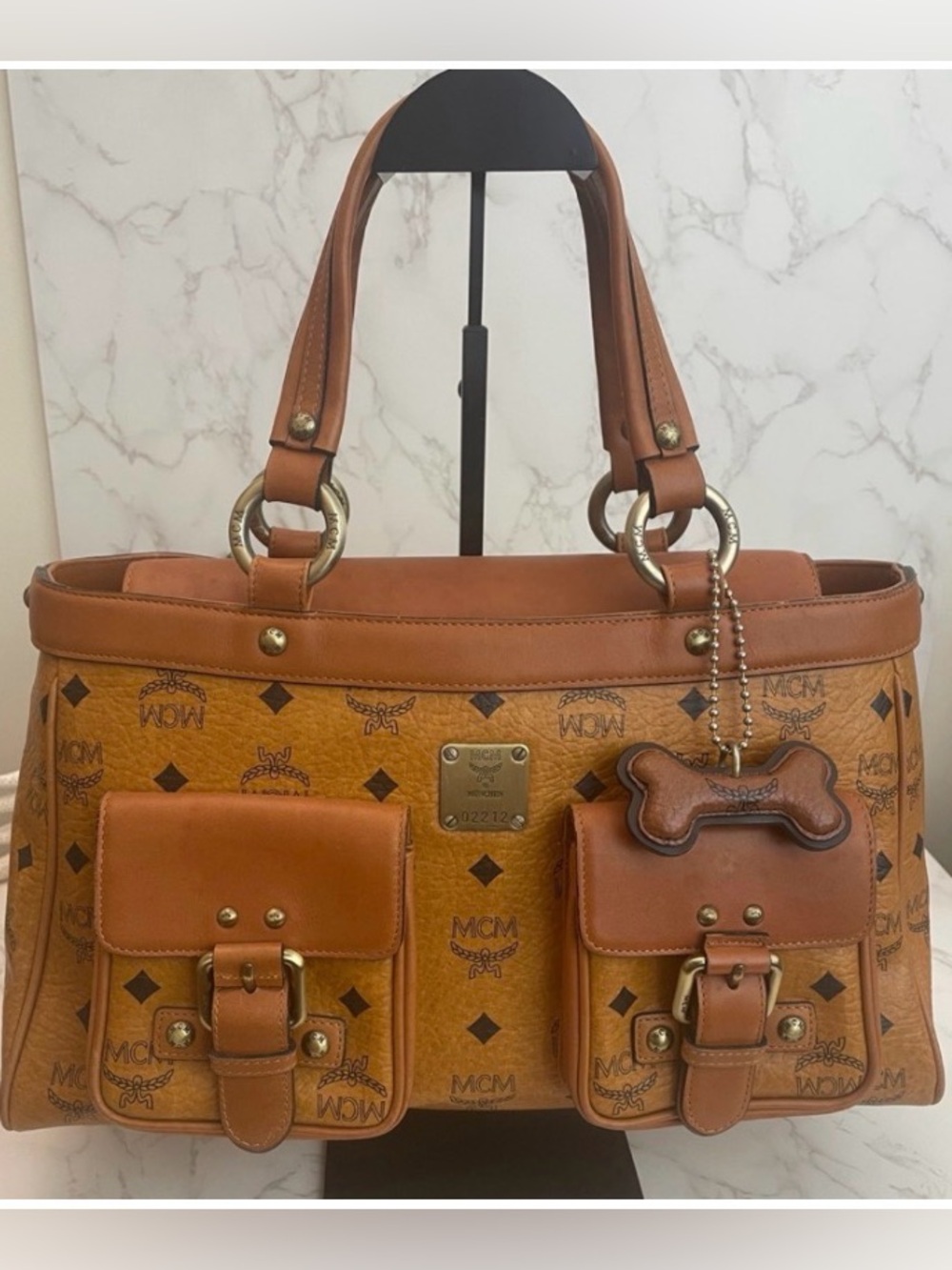MCM Vintage Top Handle Satchel Cognac Visetos Monogram with COA, MCM Bag Charm